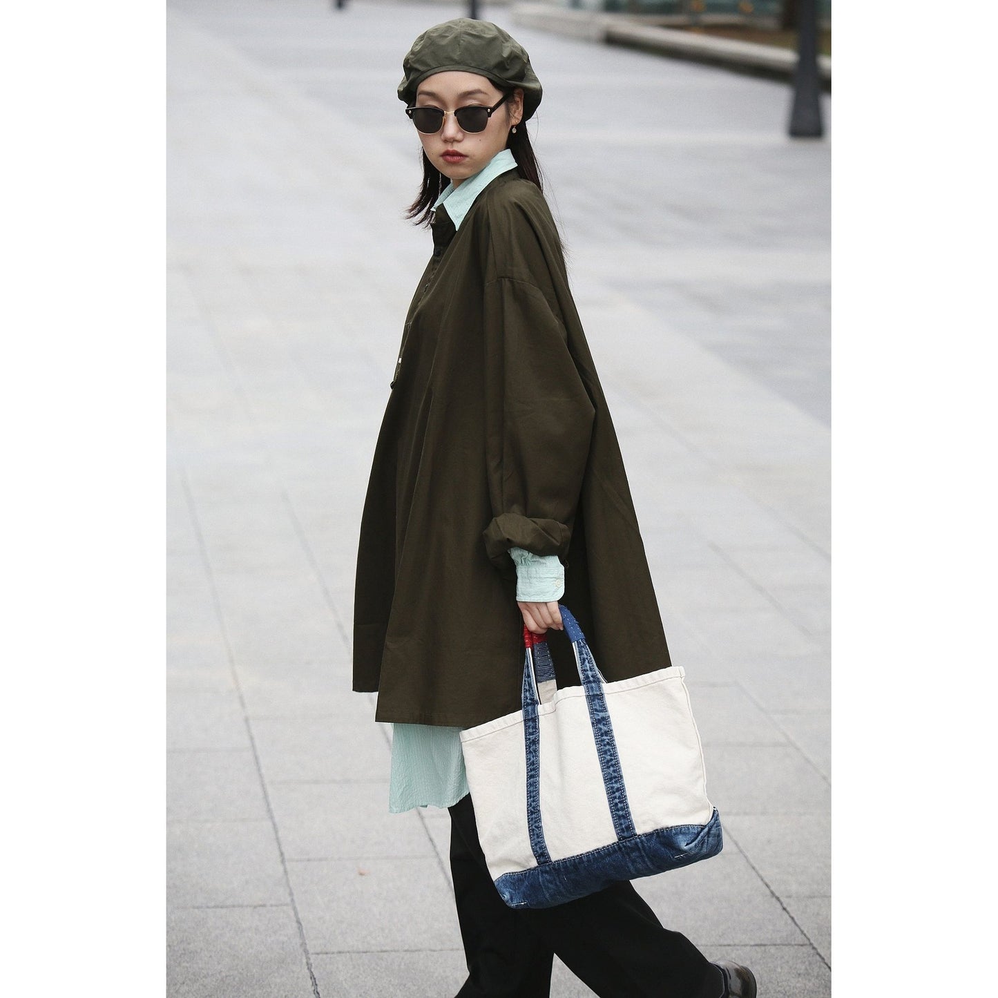 GABARDINE STAND COLLAR LONG SMOCK SHIRT