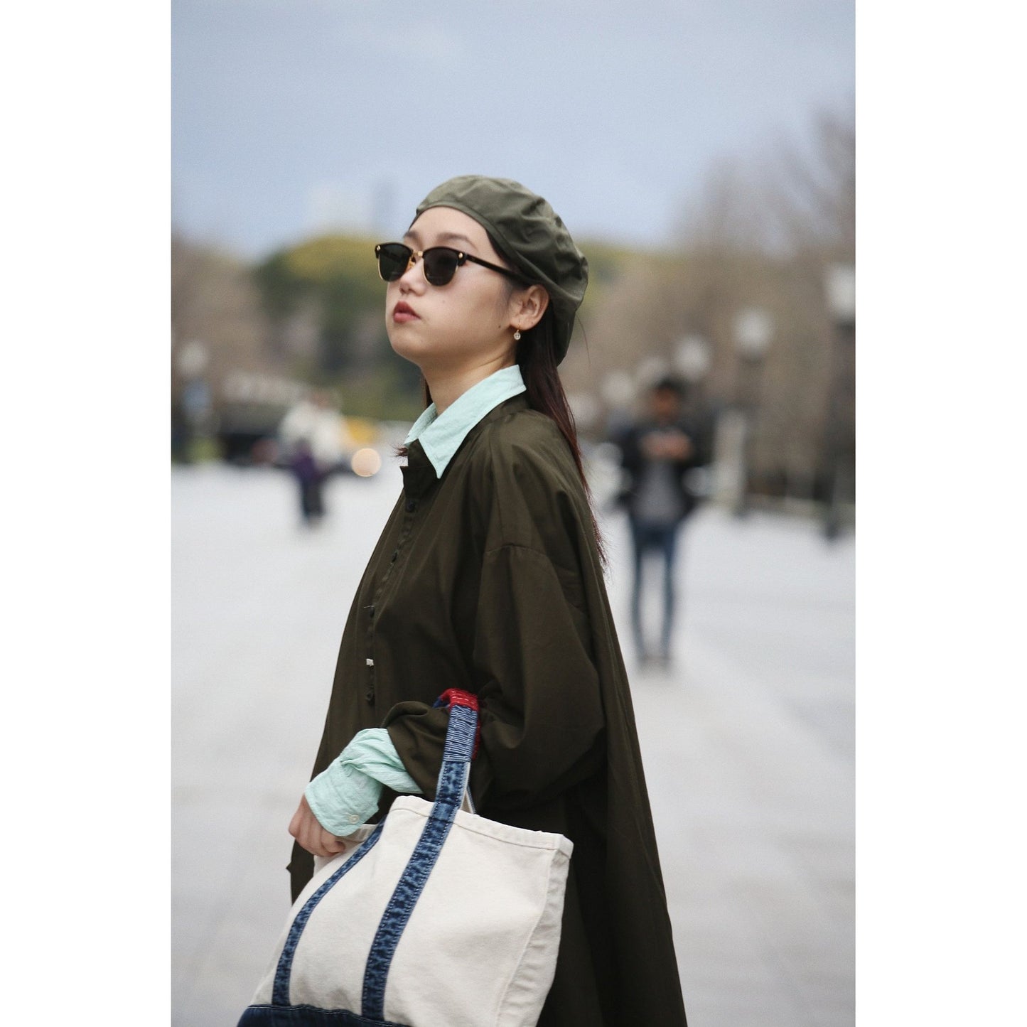 GABARDINE STAND COLLAR LONG SMOCK SHIRT