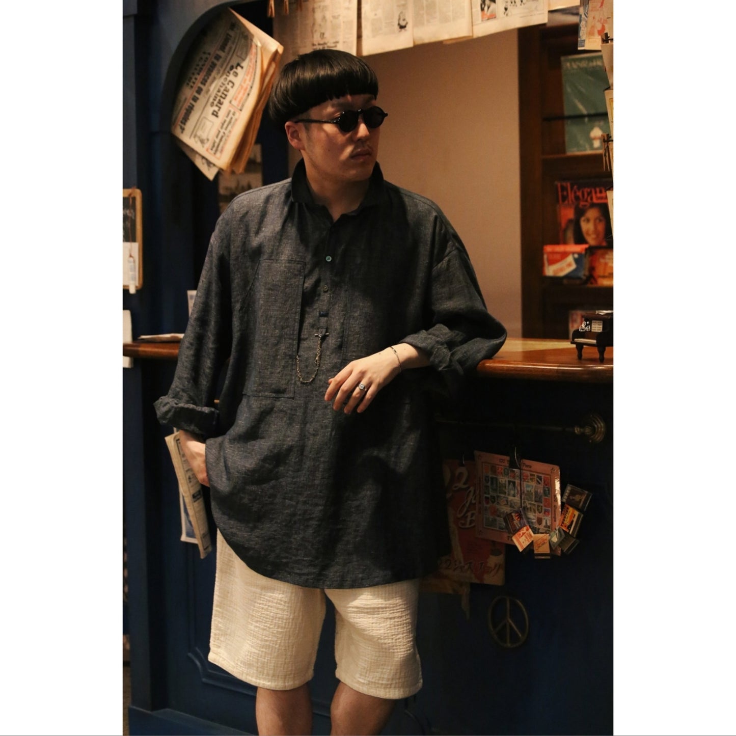 ”BRESSON” LINEN LONG SMOCK SHIRT WATCH CHAIN ITEM LIMITED EDITION