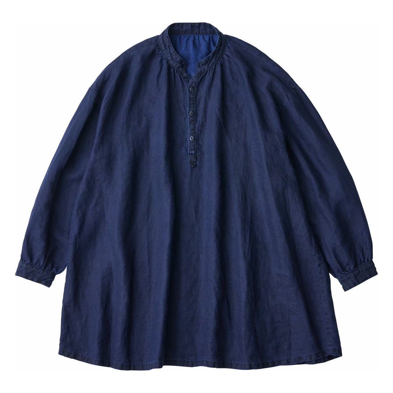 FARMER`S LINEN STAND COLLAR LONG SMOCK SHIRT