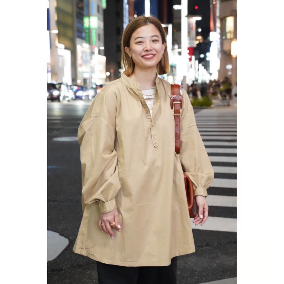 GABARDINE STAND COLLAR LONG SMOCK SHIRT