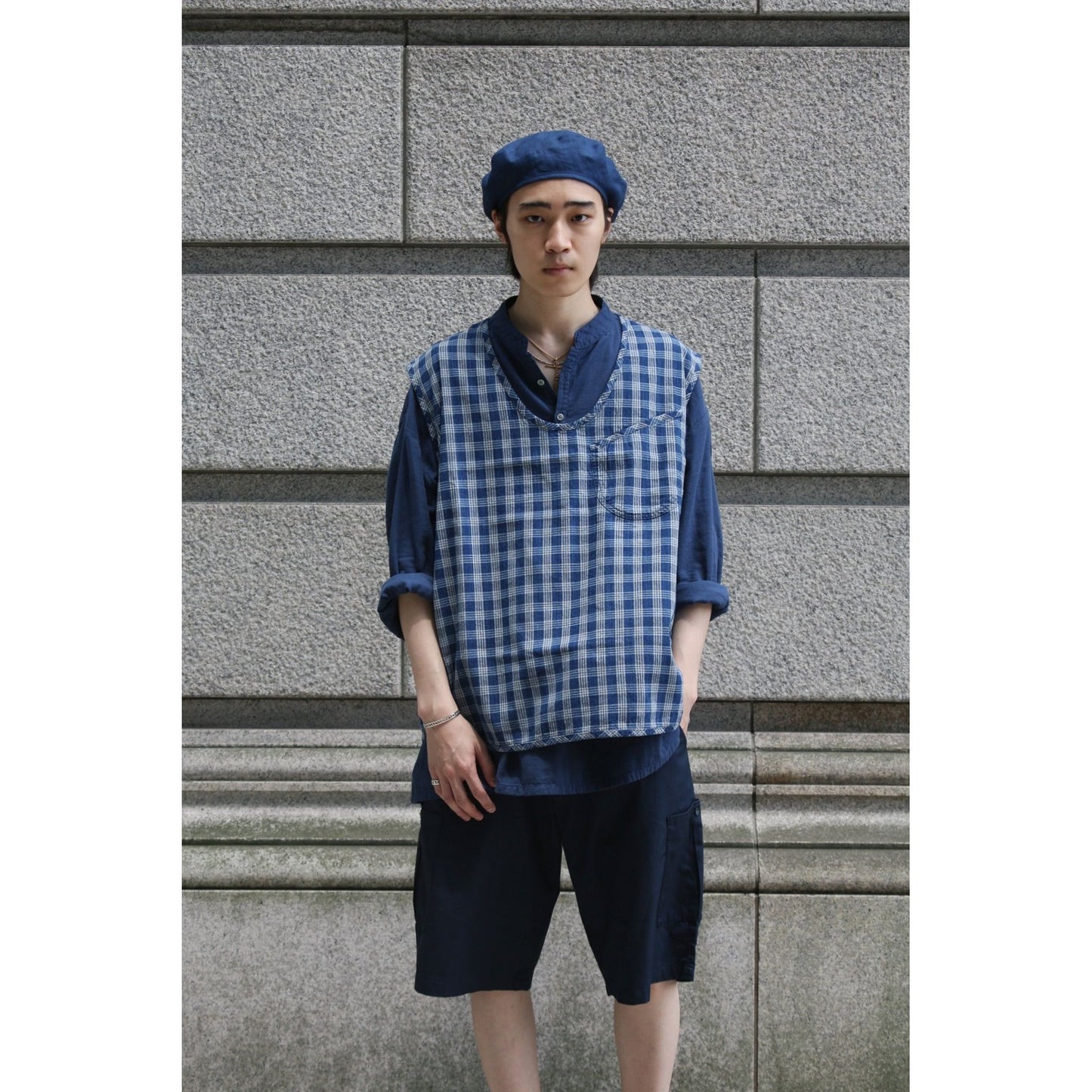 SUVIN GOLD GAUZE STAND COLLAR LONG SMOCK SHIRT