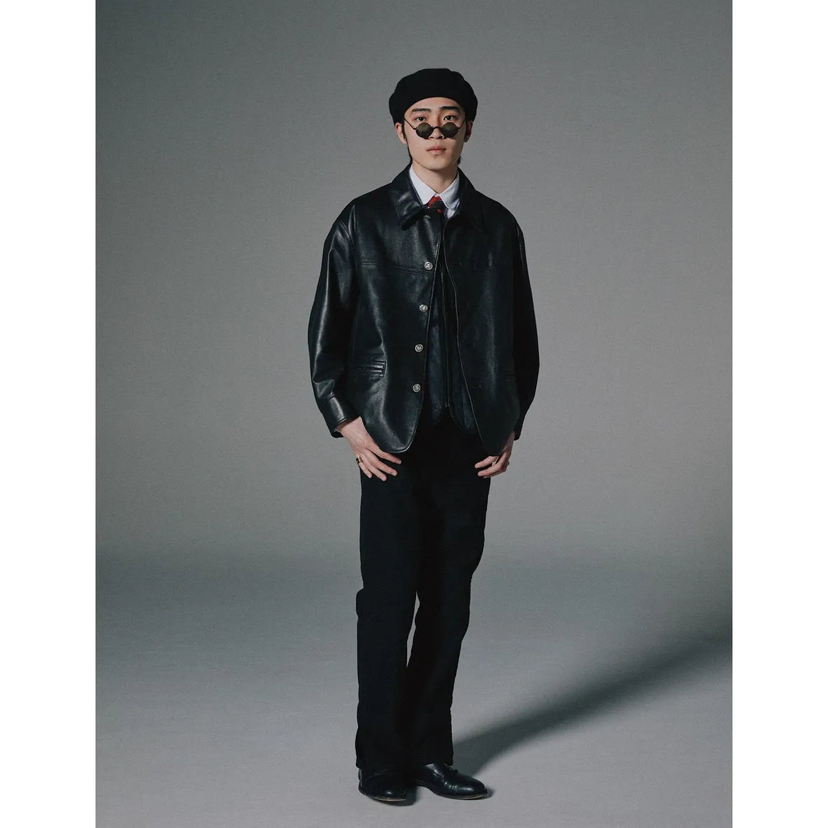 LEATHER CAR COAT W / SILVER BUTTONS
