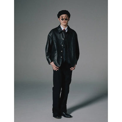 LEATHER CAR COAT W / SILVER BUTTONS