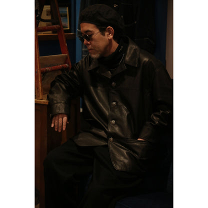 LEATHER CAR COAT W / SILVER BUTTONS
