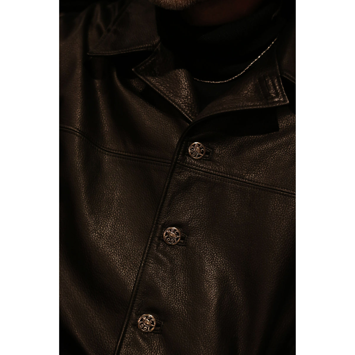 LEATHER CAR COAT W / SILVER BUTTONS