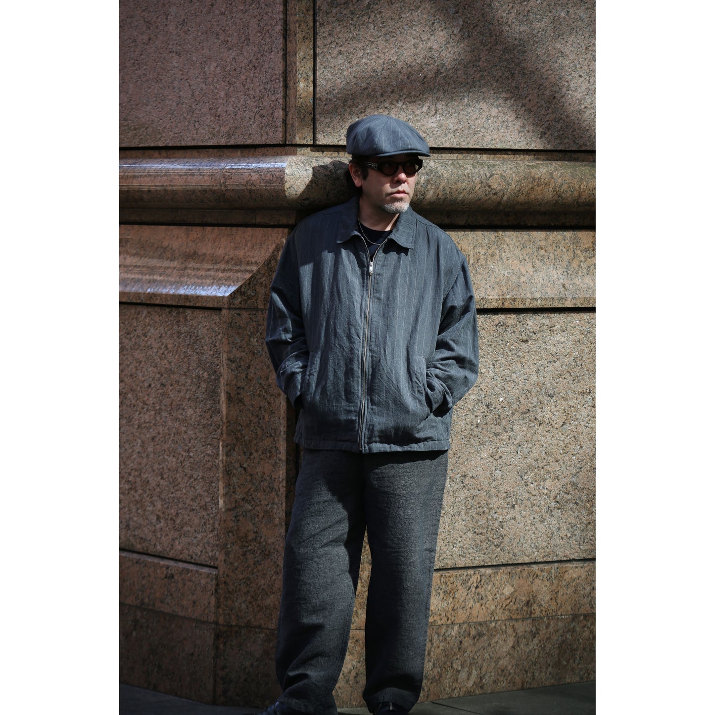 PIN STRIPE LINEN COTTON ZIP UP JACKET W / LOVE & PEACE SILVER