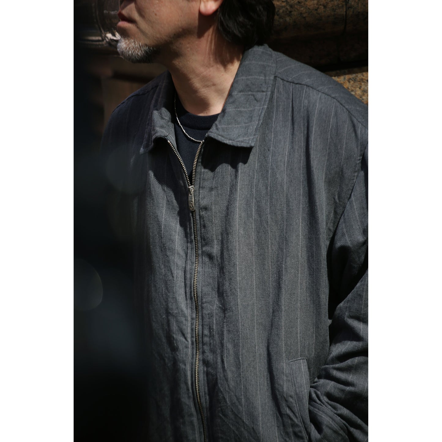 PIN STRIPE LINEN COTTON ZIP UP JACKET W / LOVE & PEACE SILVER