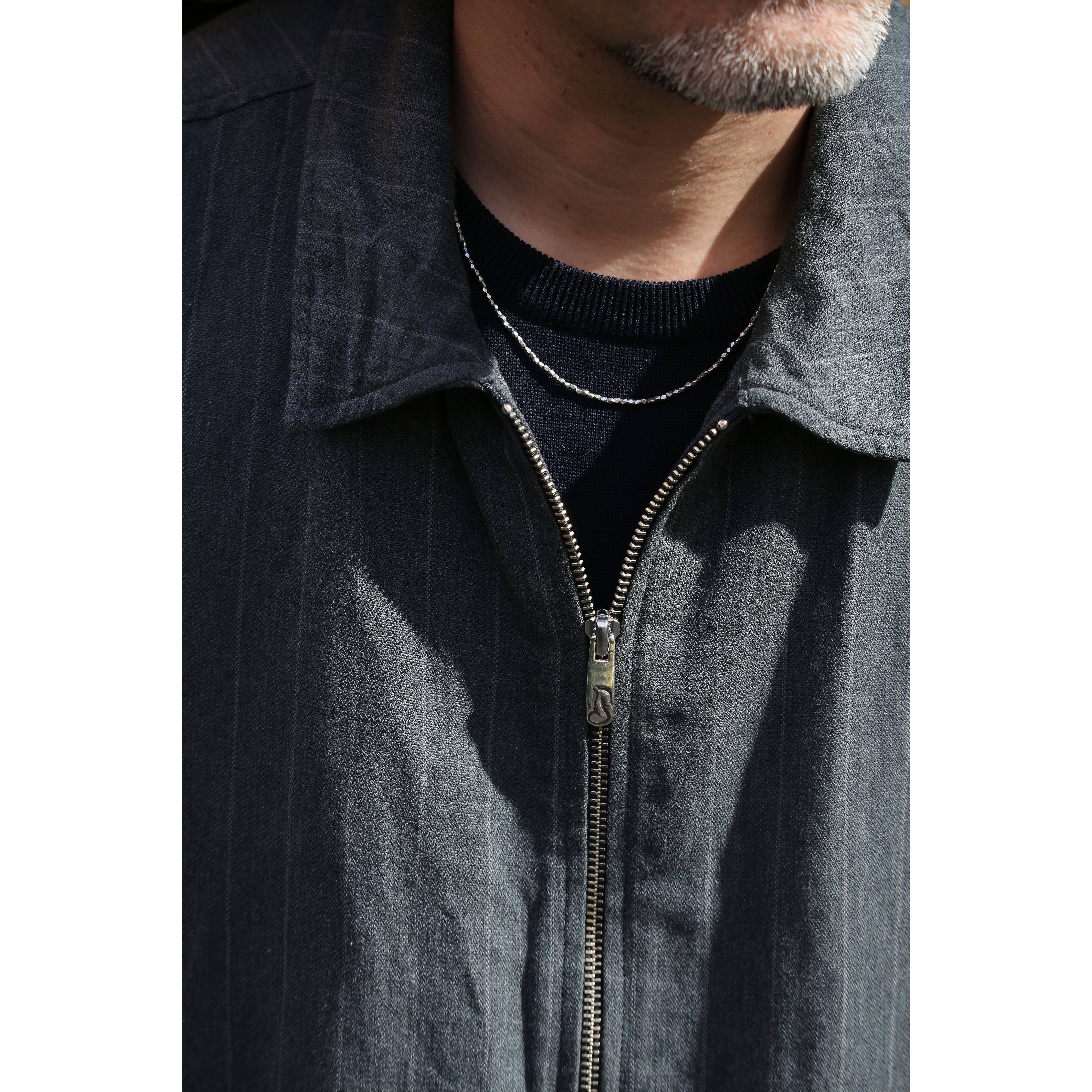 PIN STRIPE LINEN COTTON ZIP UP JACKET W / LOVE & PEACE SILVER