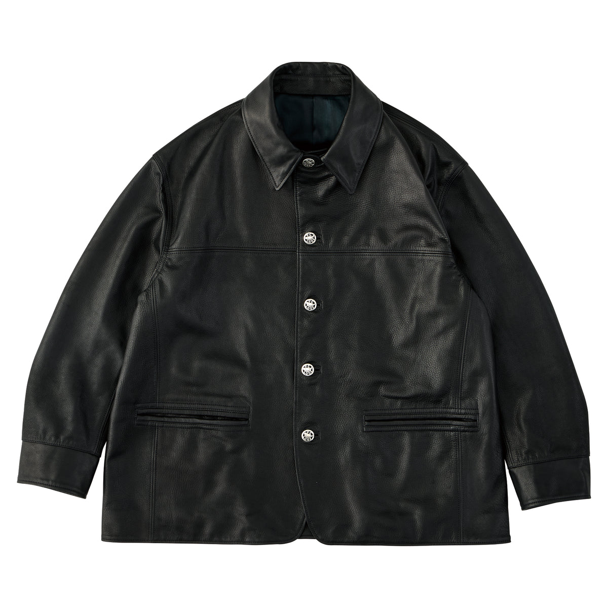 LEATHER CAR COAT W / SILVER BUTTONS