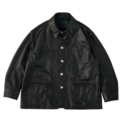 LEATHER CAR COAT W / SILVER BUTTONS