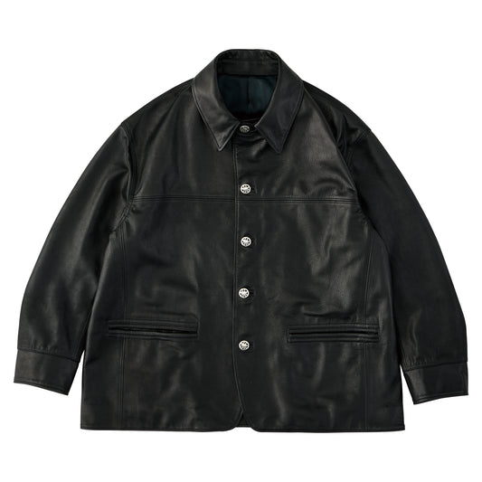 LEATHER CAR COAT W / SILVER BUTTONS