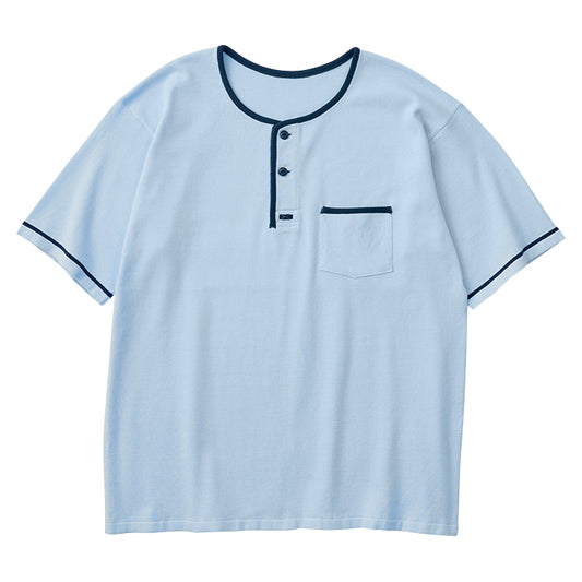 SUMMER COTTON HENLEY NECK T-SHIRT