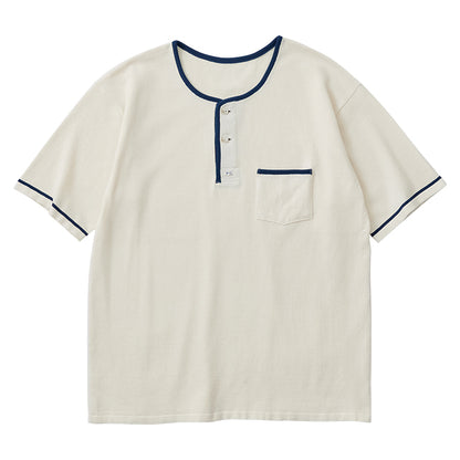 SUMMER COTTON WHITE  HENLEY NECK T-SHIRT