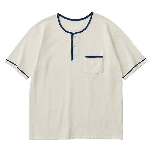 SUMMER COTTON WHITE  HENLEY NECK T-SHIRT